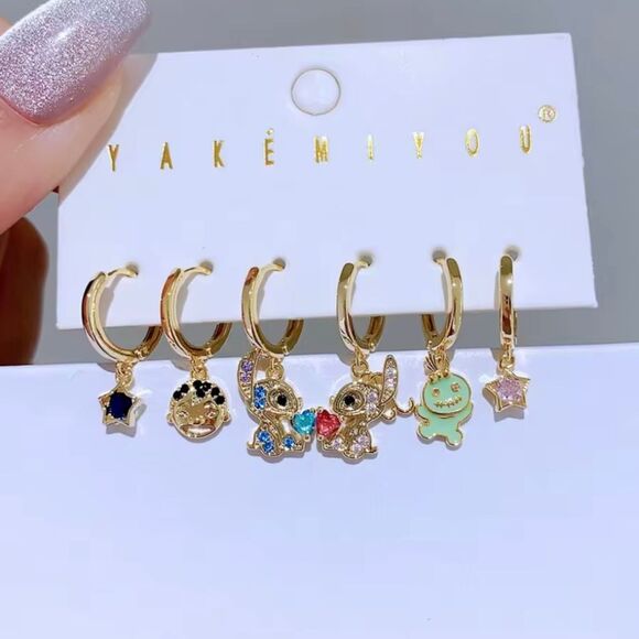 14K Gold Plated Lilo & Stitch Theme Earrings Huggie Hoop Dangle Mismatch… - Picture 1 of 6